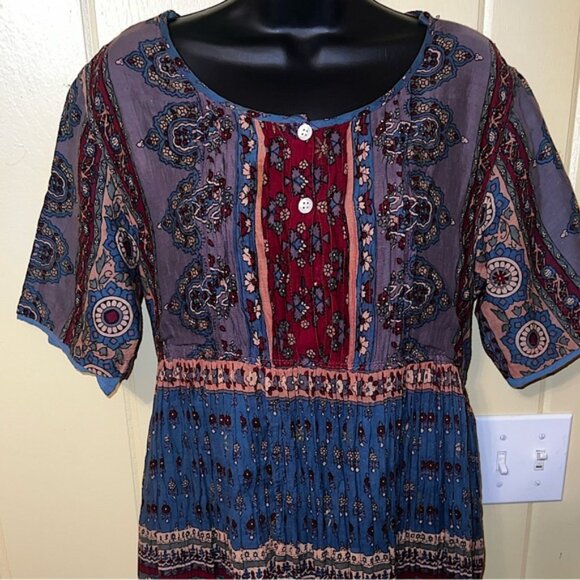 Vintage LaCera Pleated 90s Cotton Babydoll Maxi Dress Boho Hippie - Picture 5 of 12